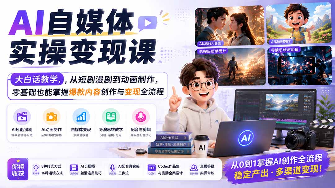 AI自媒体实操变现课｜大白话教学，从短剧漫剧到动画制作，零基础也能掌握爆款内容创作与变现全流程-爱搭资源网