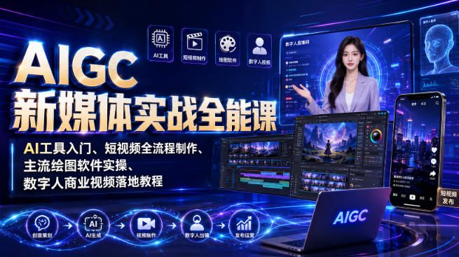 AIGC新媒体实战全能课｜AI工具入门、短视频全流程制作、主流绘图软件实操、数字人商业视频落地教程-爱搭资源网