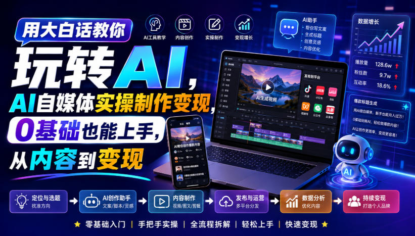 用大白话教你玩转AI，AI自媒体实操制作变现，0基础也能上手，从内容到变现-爱搭资源网