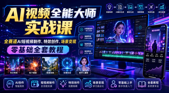 AI视频全能大师实战课｜全赛道AI短视频制作、特效创作、场景变现零基础全套教程-爱搭资源网