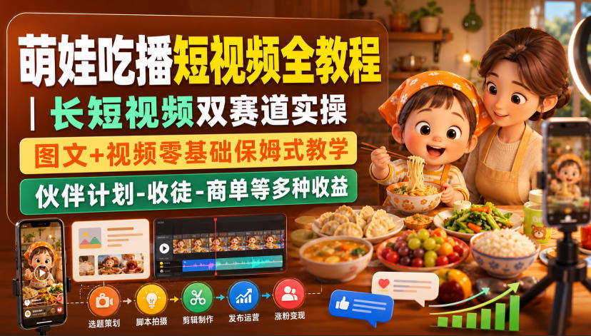 萌娃吃播短视频全教程｜长短视频双赛道实操，图文+视频零基础保姆式教学，伙伴计划-收徒-商单等多种变现方式-爱搭资源网