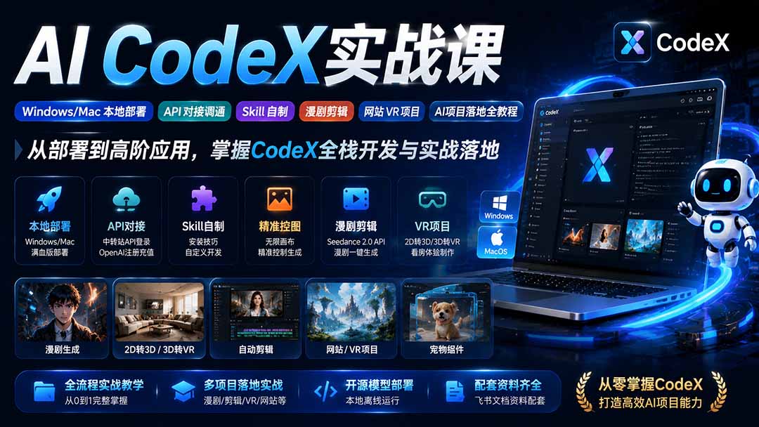AI  CodeX实战课｜Windows/Mac 本地部署｜API 对接调通｜Skill 自制｜漫剧剪辑｜网站 VR 项目｜AI项目落地全教程-爱搭资源网
