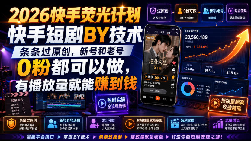 2026快手荧光计划，快手短剧搬运技术，条条过原创，新号和老号0粉都可以做，有播放量就能賺到钱-爱搭资源网