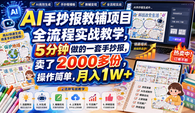 AI手抄报教辅项目全流程实战教学，5分钟做的一套手抄报，卖了2000多份，操作简单，月入1W+-爱搭资源网