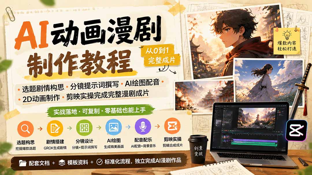 AI动画漫剧制作教程｜选题剧情构思·分镜提示词撰写·AI绘图配音·2D动画制作·剪映实操完成完整漫剧成片-爱搭资源网
