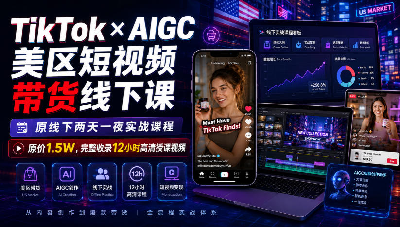 TikTok×AIGC美区短视频带货线下课，原线下两天一夜实战课程，原价1.5W，完整收录12小时高清授课视频-爱搭资源网