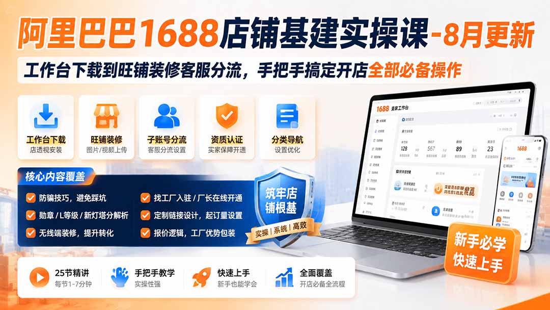 阿里巴巴1688店铺基建实操课-8月更新；工作台下载到旺铺装修客服分流，手把手搞定开店全部必备操作-爱搭资源网