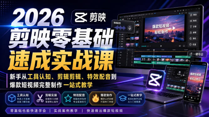 2026剪映零基础速成实战课｜新手从工具认知、剪辑剪辑、特效配音到爆款短视频完整制作一站式教学-爱搭资源网
