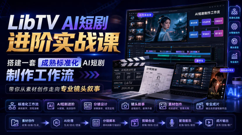 LibTV AI短剧进阶实战课，搭建一套成熟标准化AI短剧制作工作流，带你从素材创作走向专业镜头叙事-爱搭资源网