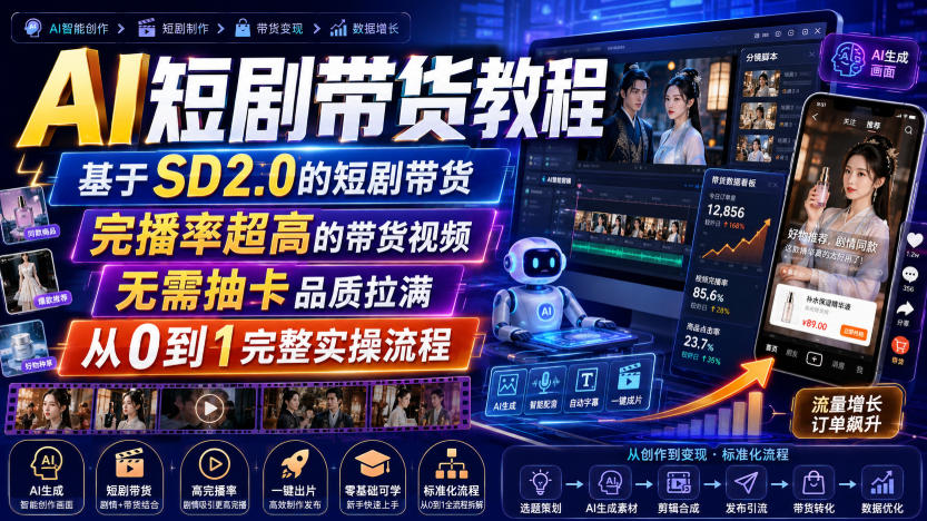 AI短剧带货教程，基于SD2.0的短剧带货，完播率超高的带货视频，无需抽卡品质拉满，从0到1完整实操流程-爱搭资源网