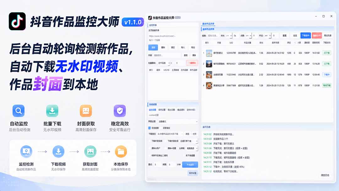 抖音作品监控大师v1.1.0：后台自动轮询检测新作品，自动下载无水印视频、作品封面到本地-爱搭资源网