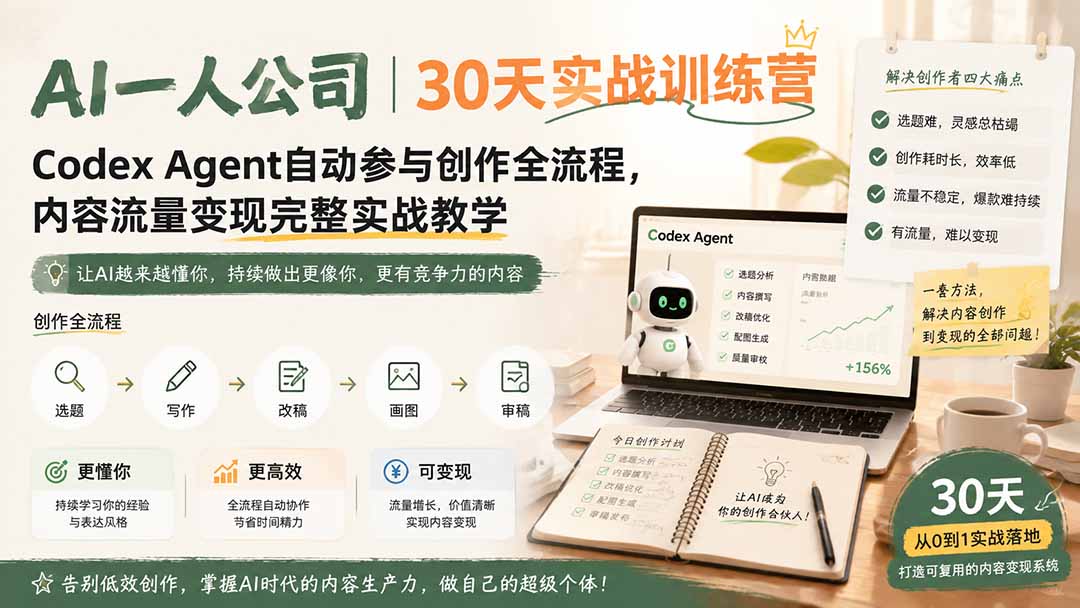 AI一人公司｜30天实战训练营；Codex Agent自动参与创作全流程，内容流量变现完整实战教学-爱搭资源网