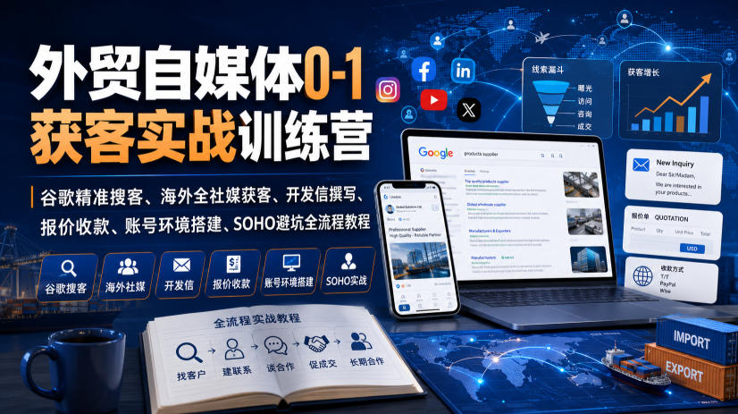 外贸自媒体0-1获客实战训练营｜谷歌精准搜客、海外全社媒获客、开发信撰写、报价收款、账号环境搭建、SOHO避坑全流程教程-爱搭资源网