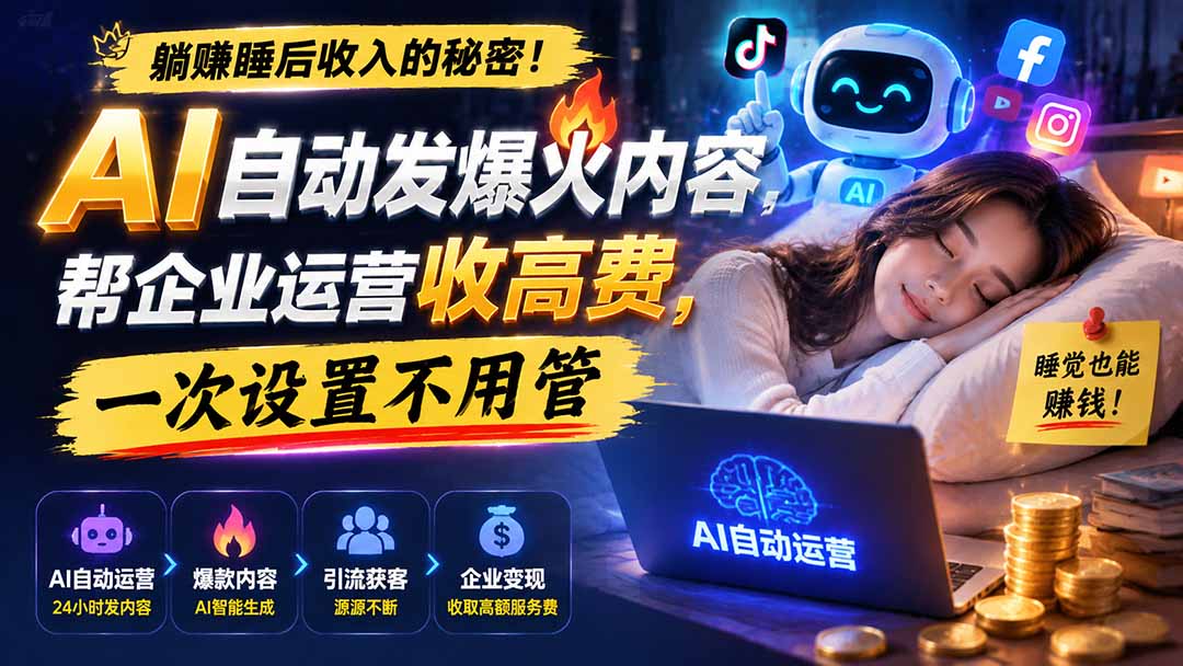 躺赚睡后收入的秘密！AI 自动发爆火内容，帮企业运营收高费，一次设置不用管【原创双语字幕】-爱搭资源网