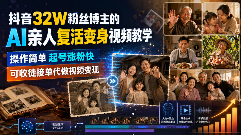 抖音32W粉丝博主的AI亲人复活变身视频教学，操作简单，起号涨粉快，可收徒接单代做视频变现-爱搭资源网