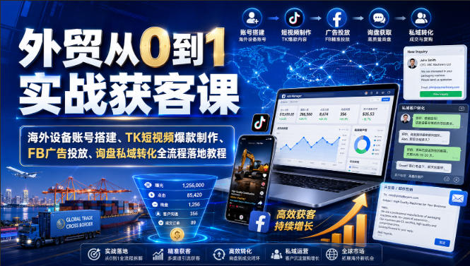 外贸从0到1实战获客课｜海外设备账号搭建、TK短视频爆款制作、FB广告投放、询盘私域转化全流程落地教程-爱搭资源网