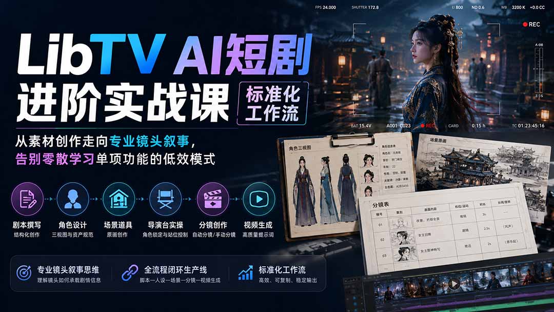 LibTV AI短剧进阶实操课标准化工作流；从素材创作走向专业镜头叙事，告别零散学习单项功能的低效模式-爱搭资源网