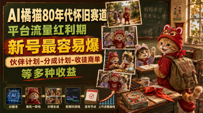 AI橘猫80年代怀旧赛道，平台流量红利期，新号最容易爆，伙伴计划-分成计划-收徒商单等多种收益-爱搭资源网