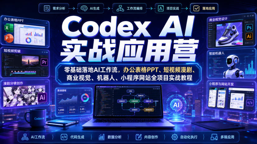 Codex AI实战应用营｜零基础落地AI工作流，办公表格PPT、短视频漫剧、商业视觉、机器人、小程序网站全项目实战教程-爱搭资源网