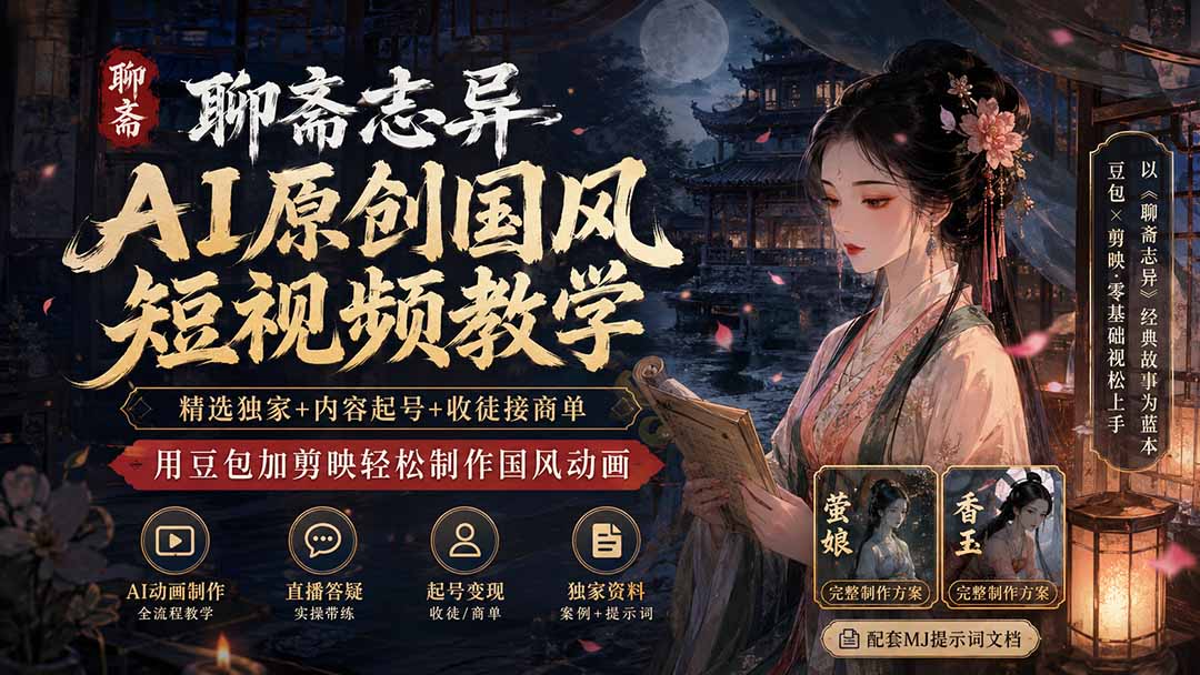 聊斋志异AI原创国风短视频教学；精选独家+内容起号+收徒接商单，用豆包加剪映轻松制作国风动画-爱搭资源网