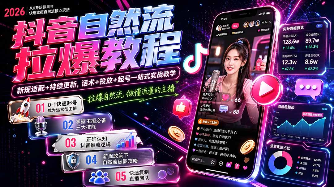 抖音自然流拉爆教程-更新8月：做懂流量的主播，新规适配+持续更新，话术+投放+起号一站式实战教学-爱搭资源网