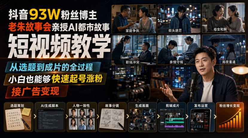 抖音93W粉丝博主老朱故事会亲授AI都市故事短视频教学，从选题到成片的全过程，小白也能够快速起号涨粉接广告变现-爱搭资源网