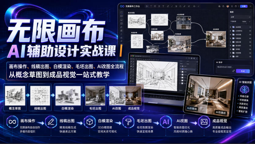 无限画布AI辅助设计实战课｜画布操作、线稿出图、白模渲染、毛坯出图、AI改图全流程，从概念草图到成品视觉一站式教学-爱搭资源网