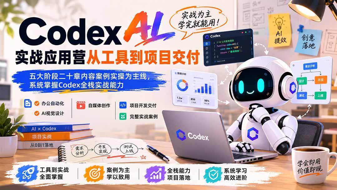 Codex AI实战应用营从工具到项目交付；五大阶段二十章内容案例实操为主线，系统掌握Codex全栈实战能力-爱搭资源网