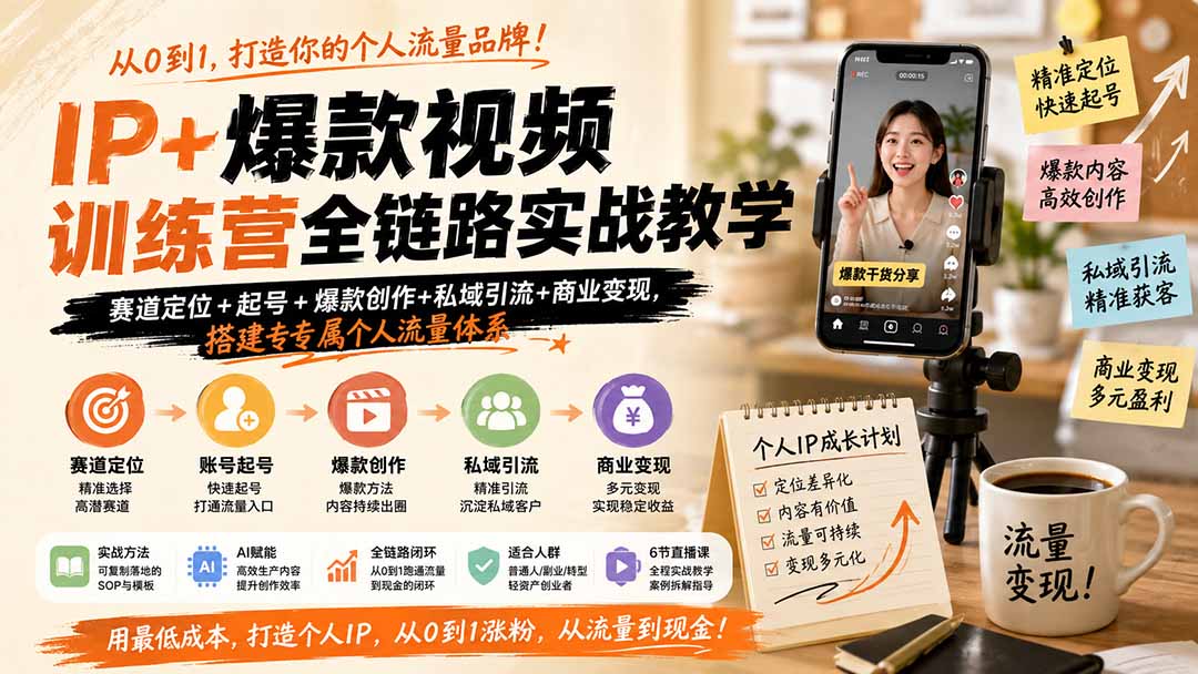 IP+爆款视频训练营全链路实战教学；赛道定位+起号+爆款创作+私域引流+商业变现，搭建专属个人流量体系-爱搭资源网