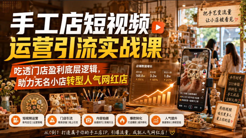 手工店短视频运营引流实战课，吃透门店盈利底层逻辑，助力无名小店转型人气网红店-爱搭资源网