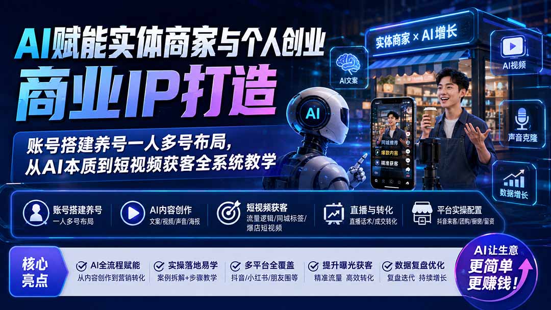 AI赋能实体商家与个人创业商业IP打造；账号搭建养号一人多号布局，从AI本质到短视频获客全系统教学-爱搭资源网