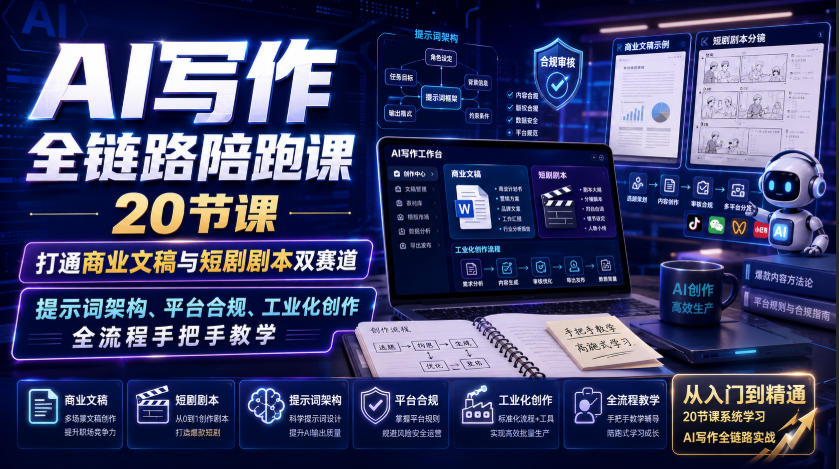 AI写作全链路陪跑课｜20节课打通商业文稿与短剧剧本双赛道，提示词架构、平台合规、工业化创作全流程手把手教学-爱搭资源网