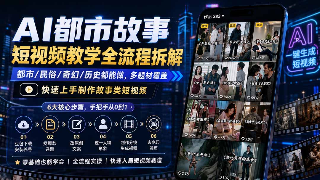 AI都市故事短视频教学全流程拆解；都市/民俗/奇幻/历史都能做多题材覆盖，快速上手制作故事类短视频-爱搭资源网