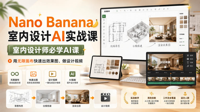 Nano Banana室内设计AI实战课，室内设计师必学AI课，用无限画布快速出效果图、做设计视频-爱搭资源网