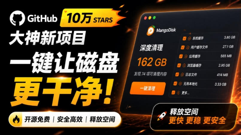 在Gtihub上做出10万stars的大神，又发布新项目了！一键让磁盘更干净，开源免费清理工具MangoDisk-爱搭资源网