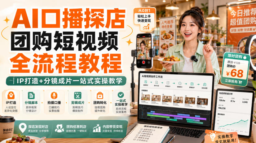 AI口播探店团购短视频全流程教程｜IP打造+分镜成片一站式实操教学-爱搭资源网