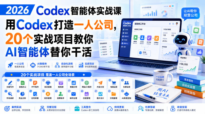 2026 Codex智能体实战课，用Codex打造一人公司，20个实战项目教你AI智能体替你干活-爱搭资源网