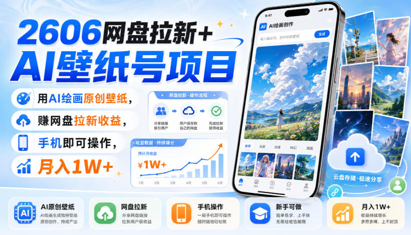2606网盘拉新+AI壁纸号项目，用AI绘画原创壁纸，賺网盘拉新收益，手机即可操作，月入1W+-爱搭资源网