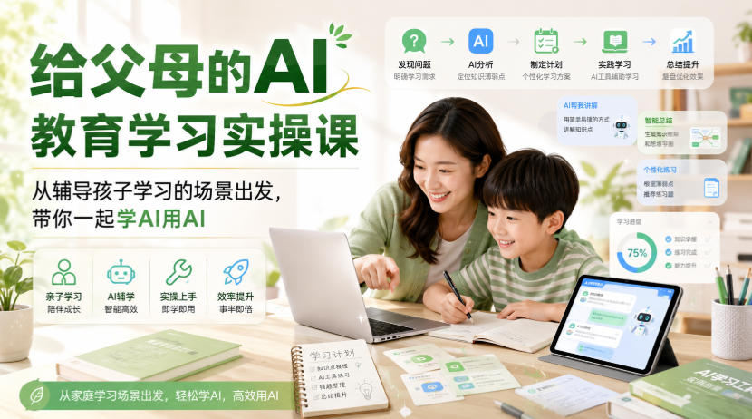 给父母的AI教育学习实操课，从辅导孩子学习的场景出发，带你一起学AI用AI-爱搭资源网
