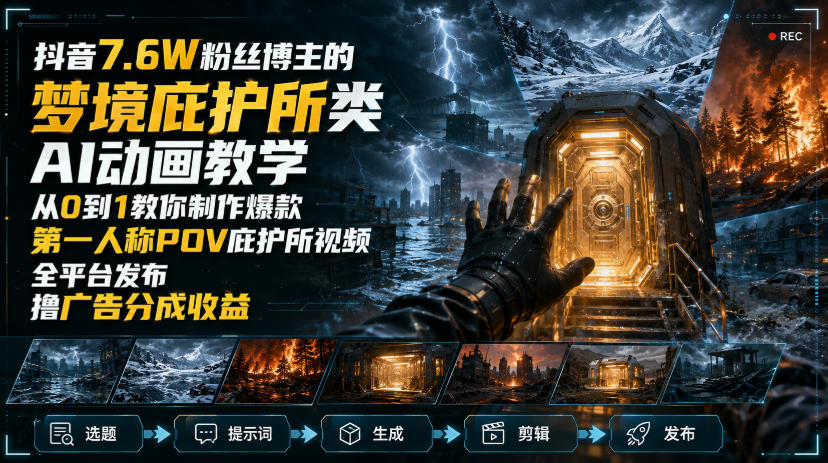 抖音7.6W粉丝博主的梦境庇护所类AI动画教学，从0到1教你制作爆款第一人称POV庇护所视频，全平台发布撸广告分成收益-爱搭资源网