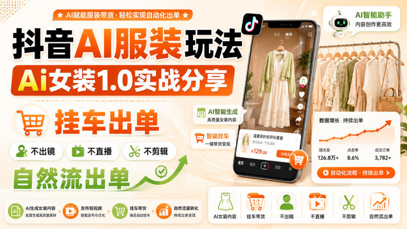 抖音AI服装玩法，Ai女装1.0实战分享，挂车出单，不出镜，不直播，不剪辑，自然流出单-爱搭资源网