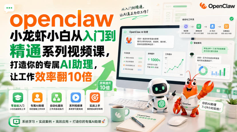 openclaw小龙虾小白从入门到精通系列视频课，打造你的专属AI助理，让工作效率翻10倍-爱搭资源网