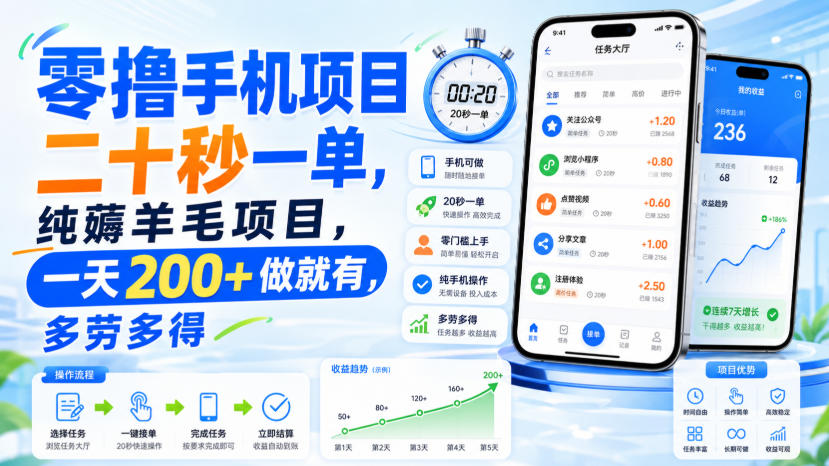 零撸手机项目，二十秒一单，纯薅羊毛项目，一天200+做就有，多劳多得【揭秘】-爱搭资源网