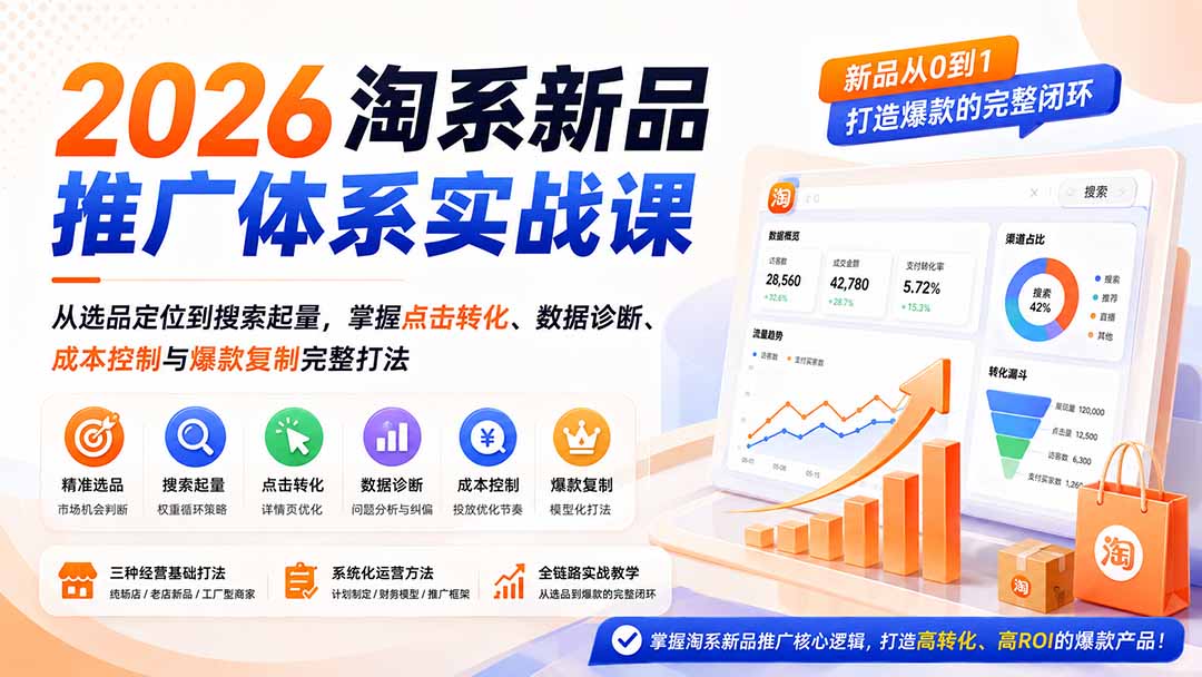 2026淘系新品推广体系实战课：从选品定位到搜索起量，掌握点击转化、数据诊断、成本控制与爆款复制完整打法-爱搭资源网