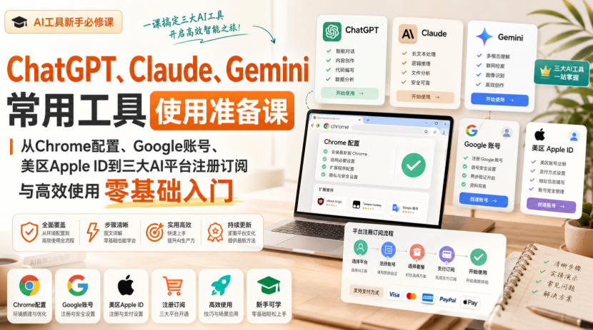 ChatGPT、Claude、Gemini常用工具使用准备课｜从Chrome配置、Google账号、美区Apple ID到三大AI平台注册订阅与高效使用零基础入门-爱搭资源网