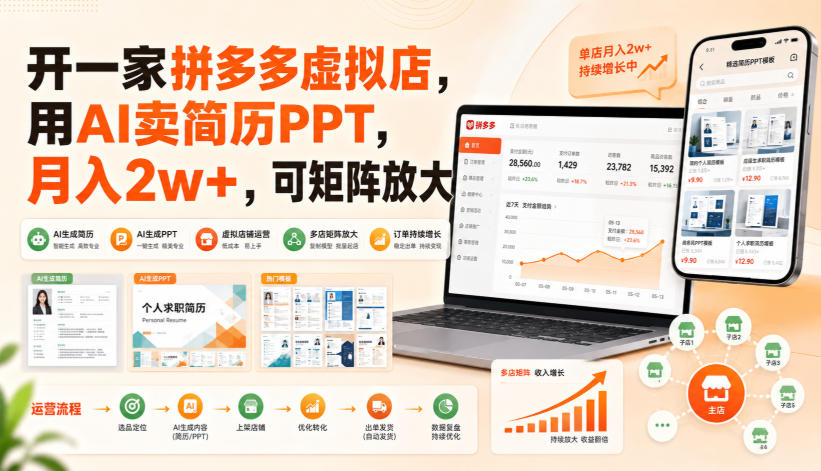 开一家拼多多虚拟店，用AI卖简历PPT，月入2w+，可矩阵放大【揭秘】-爱搭资源网
