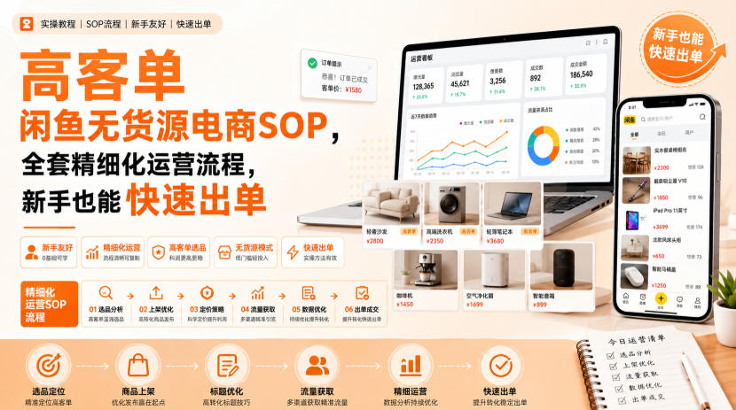 高客单闲鱼无货源电商SOP，全套精细化运营流程，新手也能快速出单-爱搭资源网