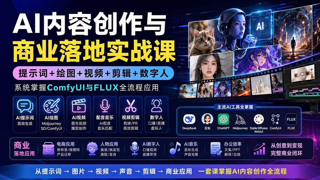 AI内容创作与商业落地实战课：提示词+绘图+视频+剪辑+数字人，系统掌握ComfyUI与FLUX全流程应用-爱搭资源网