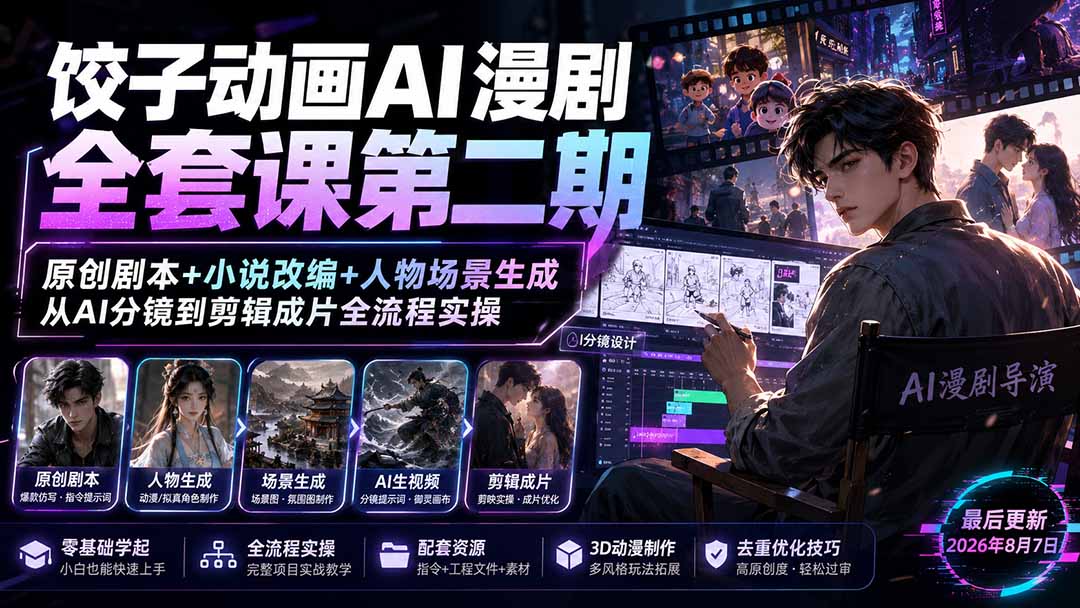 饺子动画AI漫剧全套课第二期：原创剧本+小说改编+人物场景生成，从AI分镜到剪辑成片全流程实操-爱搭资源网