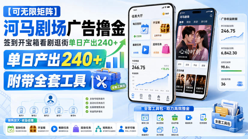 【可无限矩阵】河马剧场广告撸金，签到开宝箱看剧逛街单日产出240+，附带全套工具【揭秘】-爱搭资源网
